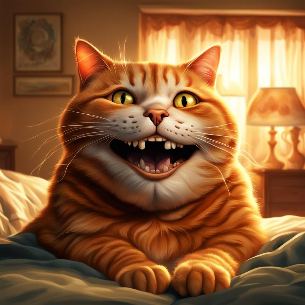 Creepy Orange Tabby Cat Grinning in Bedroom