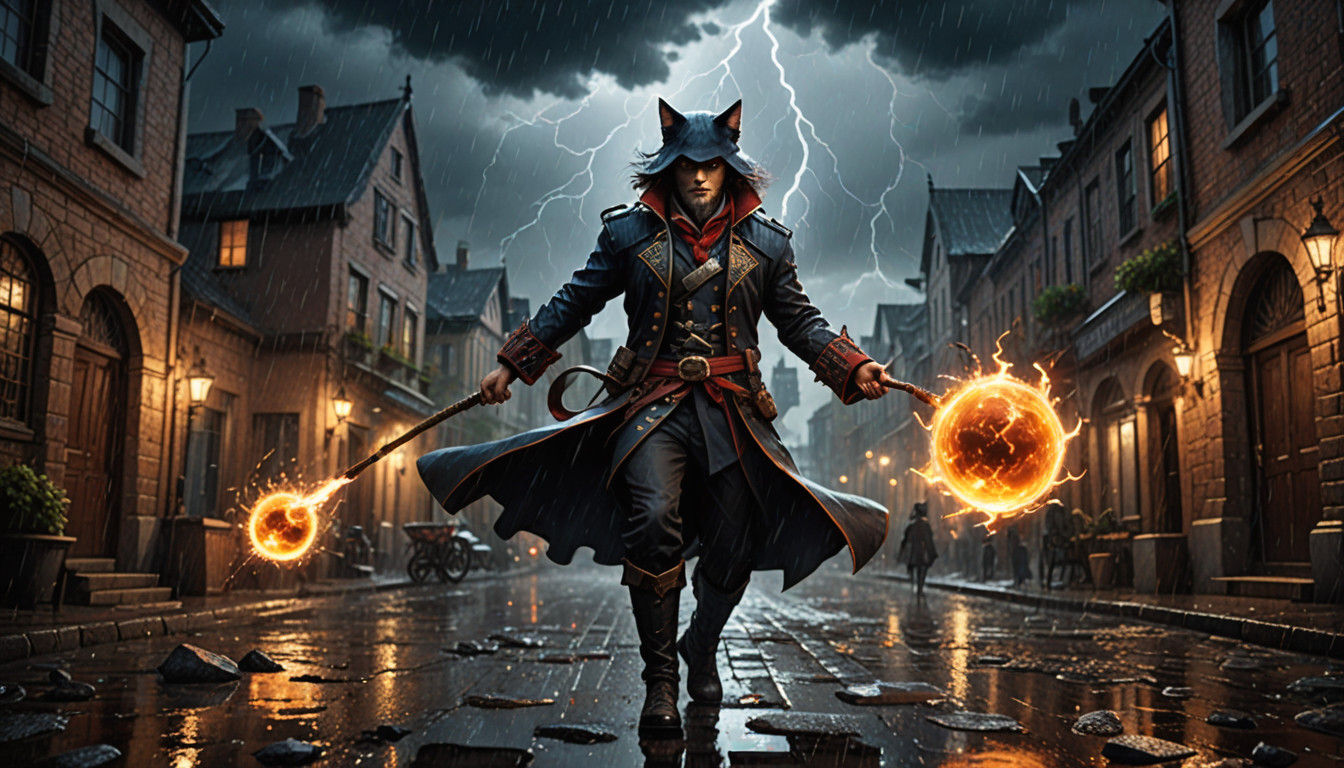 Dark Fantasy Mage Conjures Fire in a Thunderstorm Scene