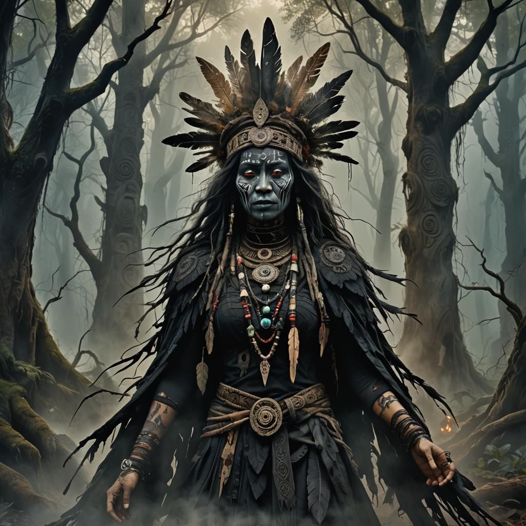 Mystic Shaman Emerges from Mist in Surreal Style