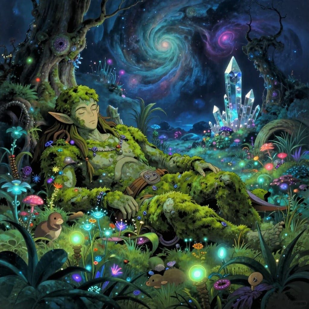 Ancient Being Sleeps in Bioluminescent Garden on Alien Plane...