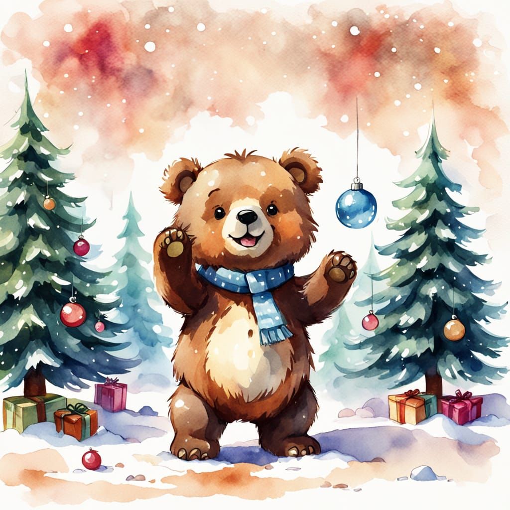 Adorable Bear Cub in Winter Clothes with Christmas Toy