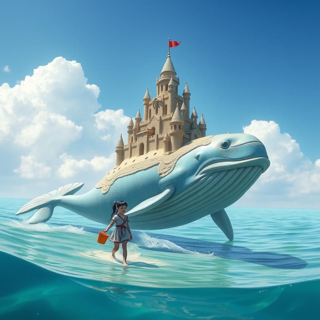 Sandcastle on Whale in Clear Water: Digital Art