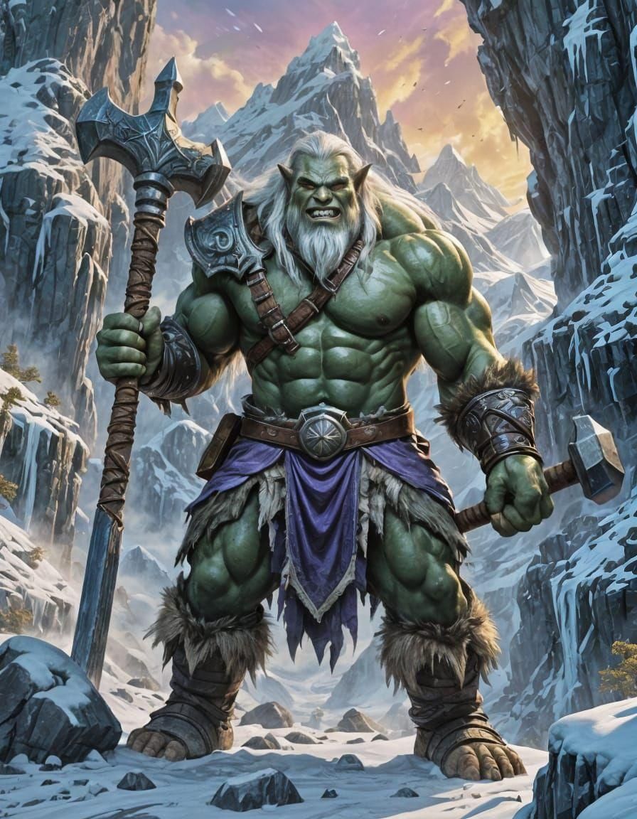 Joyous Orc Barbarian in Snowy Landscape, Digital Art