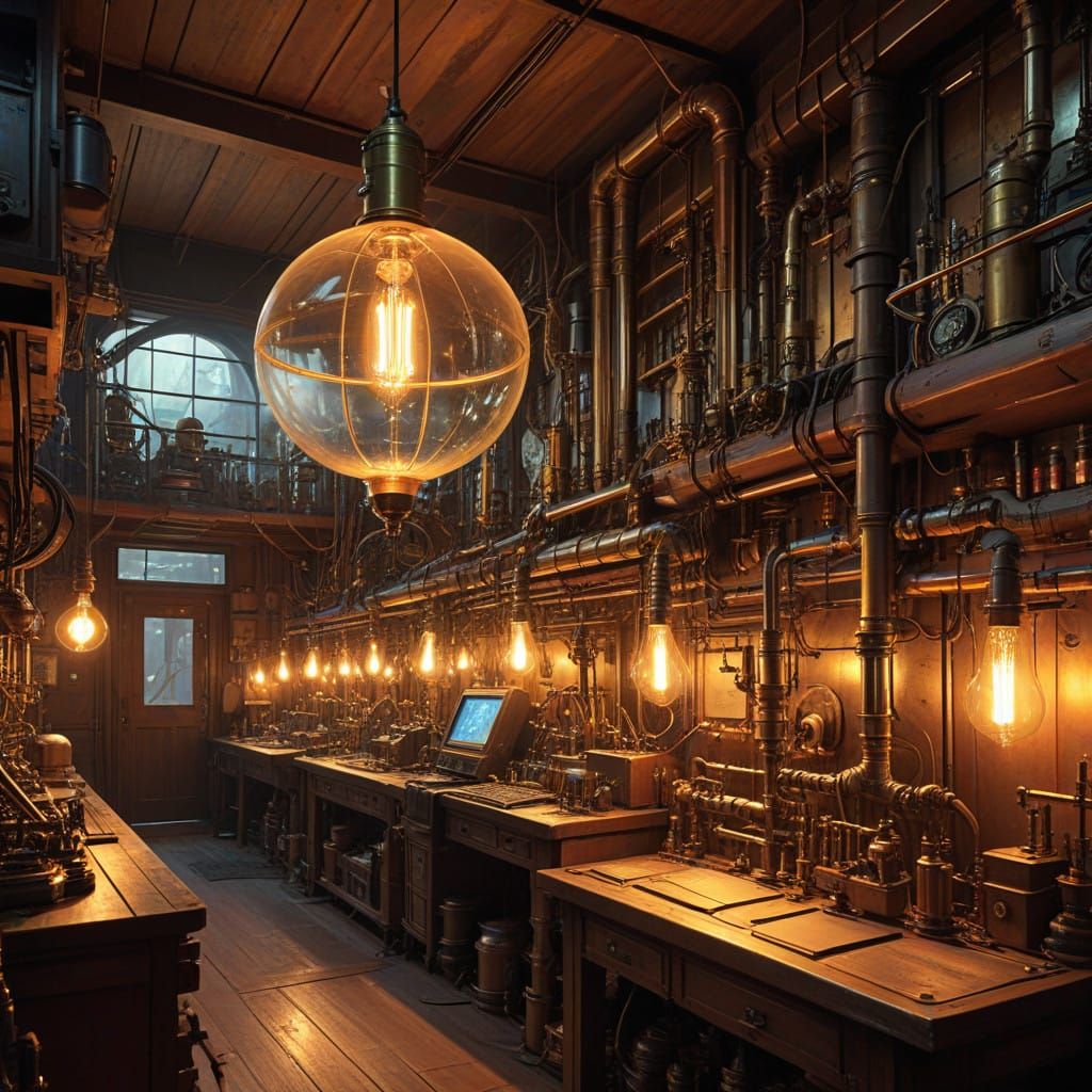 Steampunk Laboratory Scene with Brass Pipes and Old Lamps