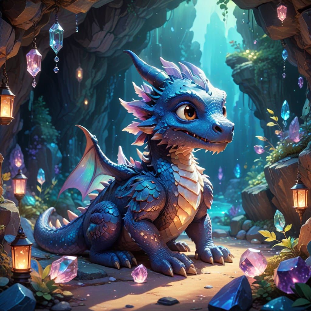 Cute Chibi Dragon on Iridescent Crystals in Pixar Style
