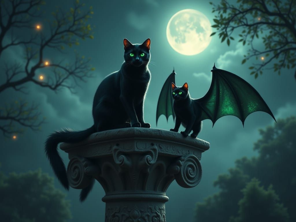Mysterious Black Cat Guards Night with Bat Companion