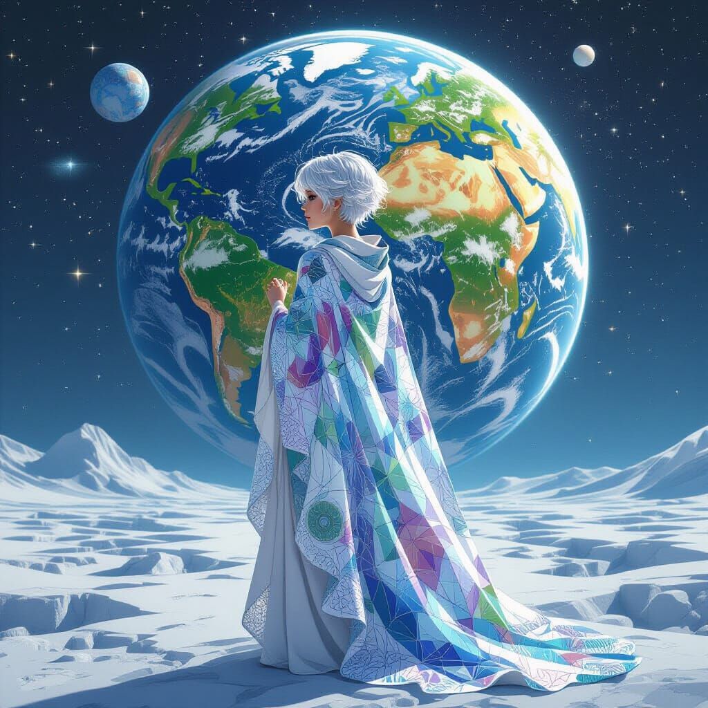 Ethereal Being Contemplates Earth, in Abstract Fractal Style