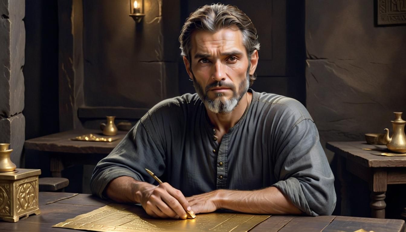 Ancient Prophet Engraving Gold Sheets: Ink Wash Illustration