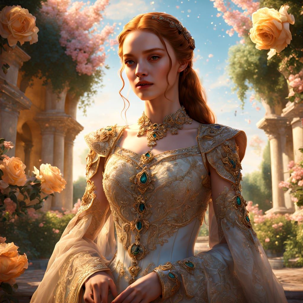 Renaissance Beauty Walks in a Blooming Garden