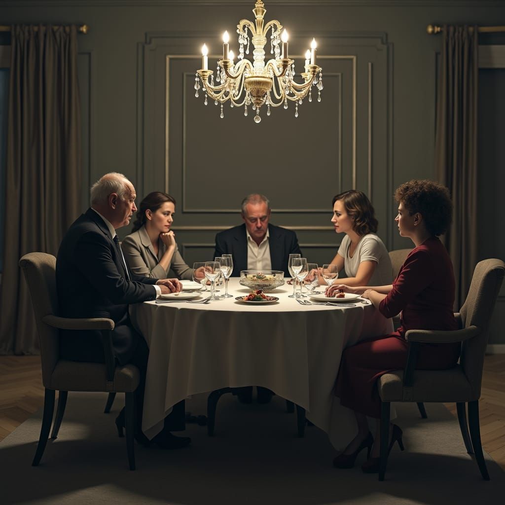 Tense Family Dinner in Somber Cinematic Lighting