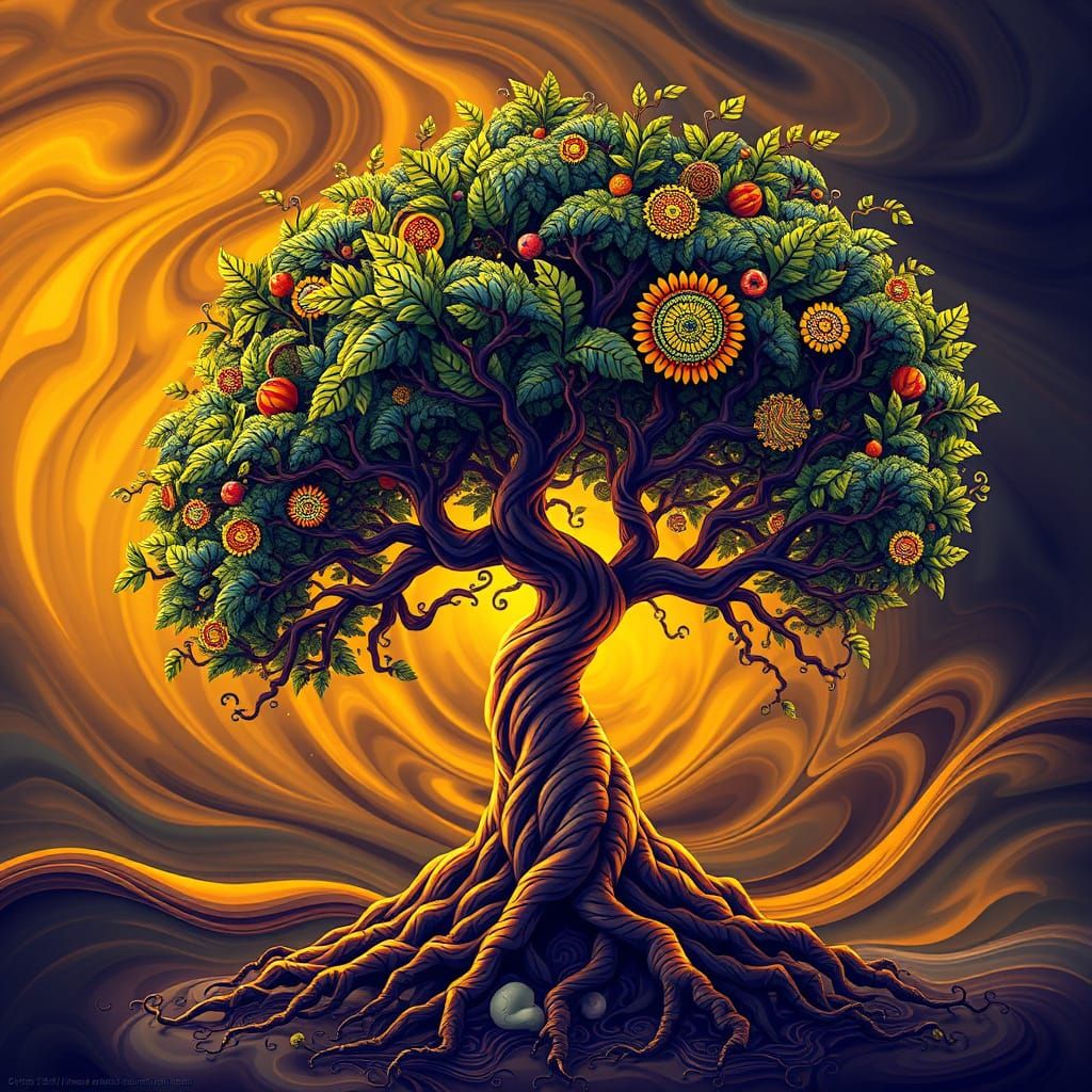 Vibrant Zaftig Tree in Abstract Fractal Landscape