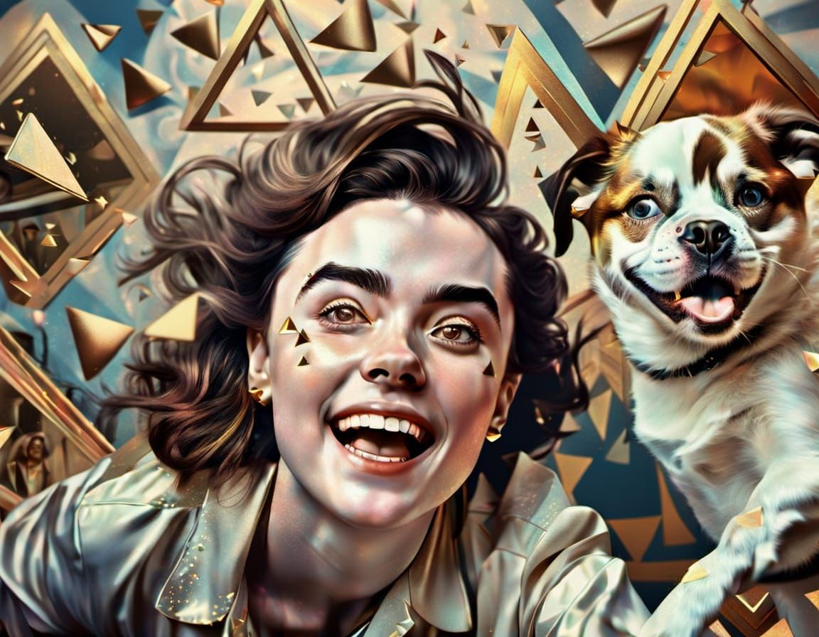 Happy Woman Portrait in Surreal Retro-Futuristic Style