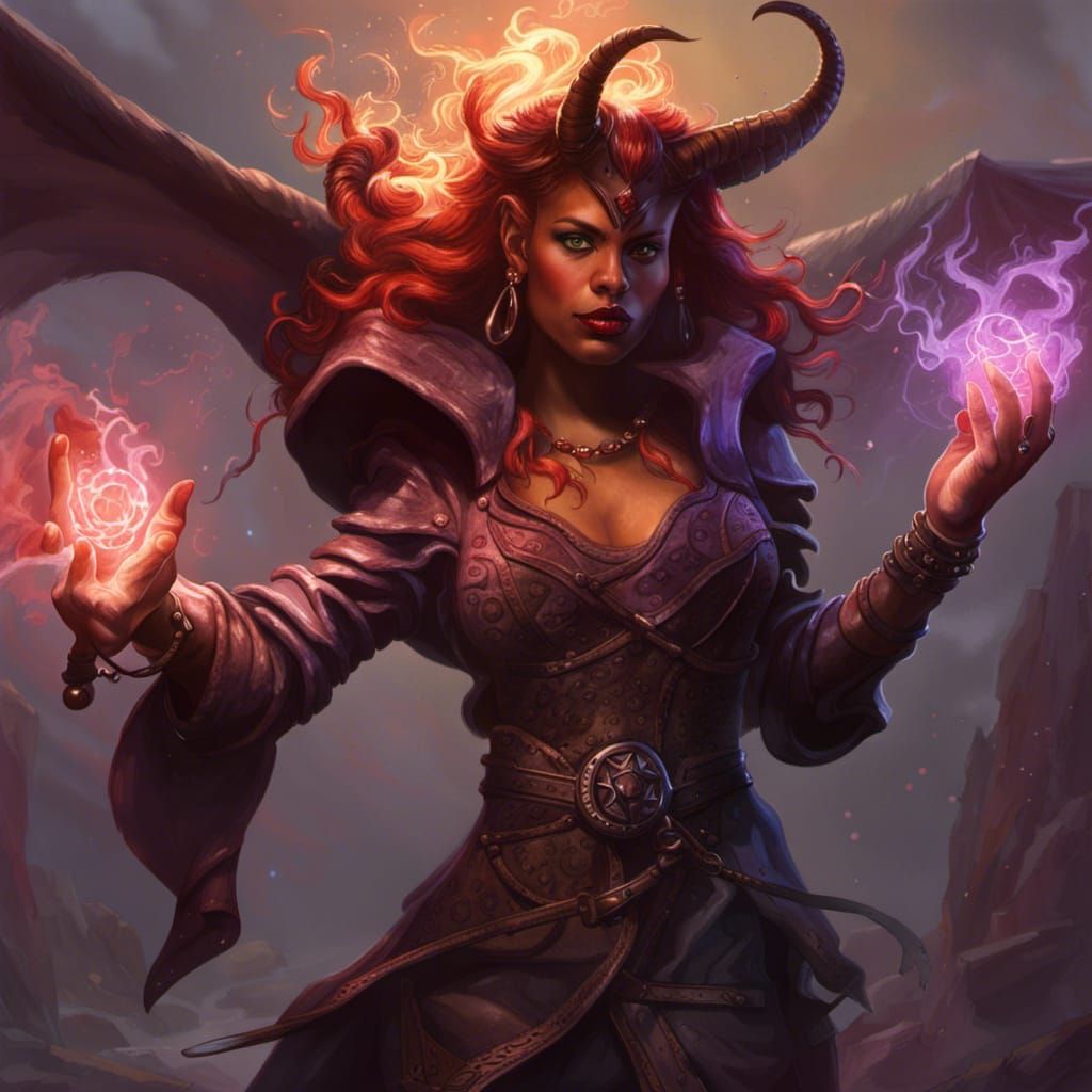 Tiefling Sorceress Casting Spells, Dark Fantasy Art