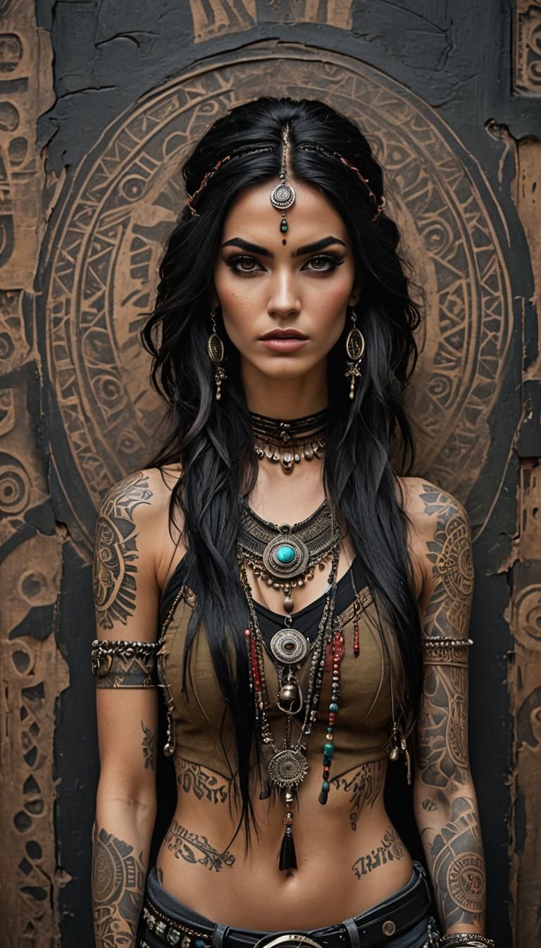 Tribal Bohemian Woman with Tattoos in Gothic Art