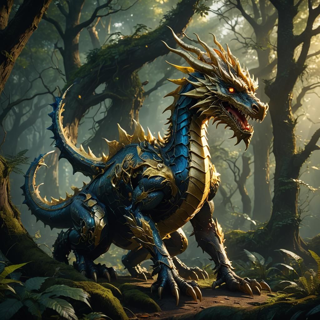 Golden Mechanical Dragon in Dark Forest