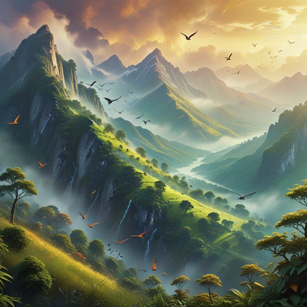 Dreamy Ethereal Landscape with Shimmering Mist and Majestic ...