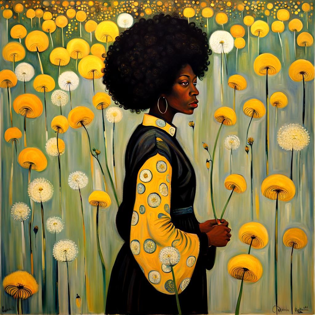 Black Woman in Dandelions: Klimt-Inspired Digital Art