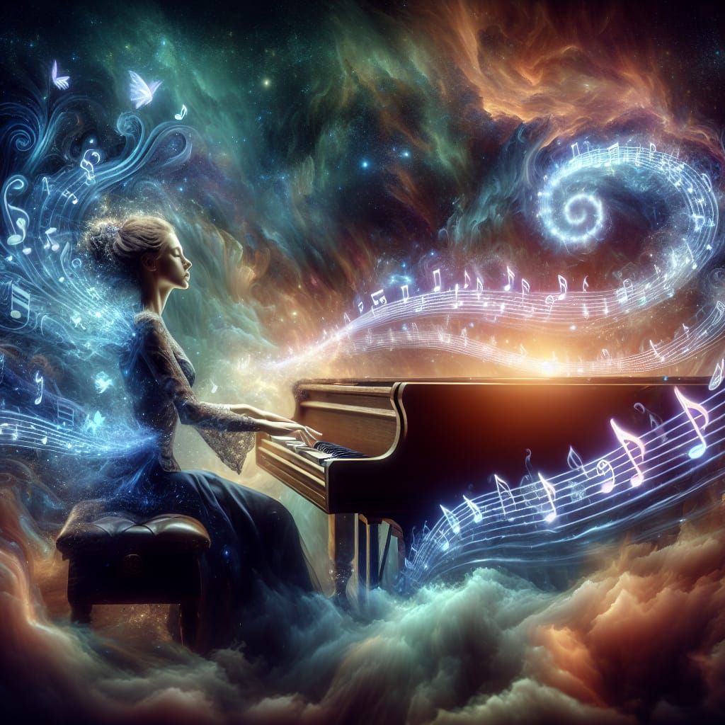 Woman Playing Piano with Holographic Notes