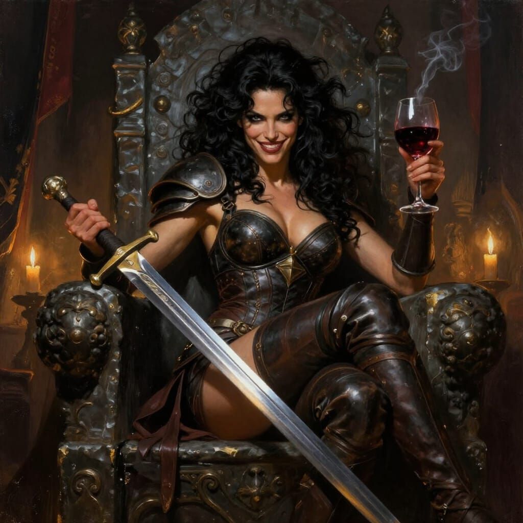 Warrior Woman on Ancient Throne in Sensual Pose