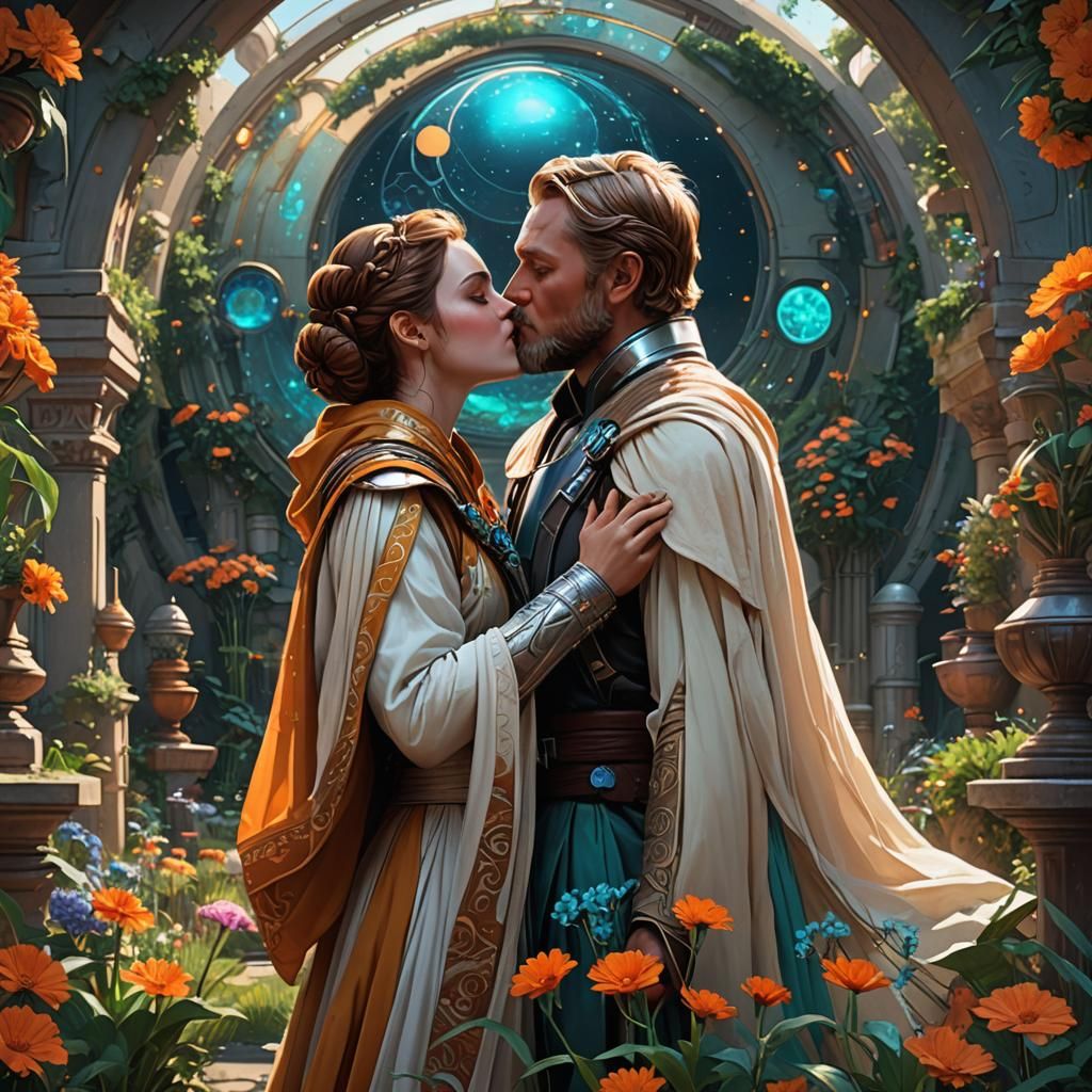 Romantic Kiss on Garden Planet, Art Nouveau Style