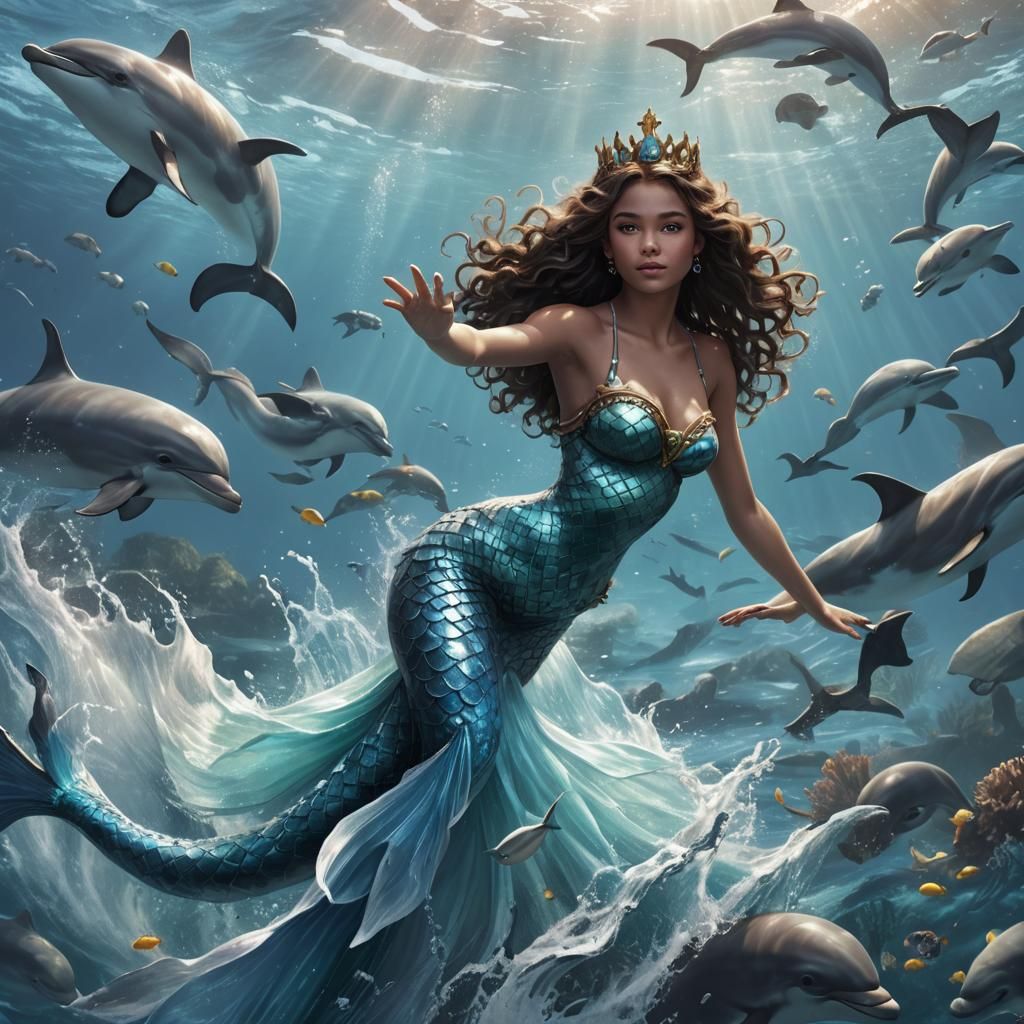 Realistic Mermaid with Dolphins in Fantasy Art Style