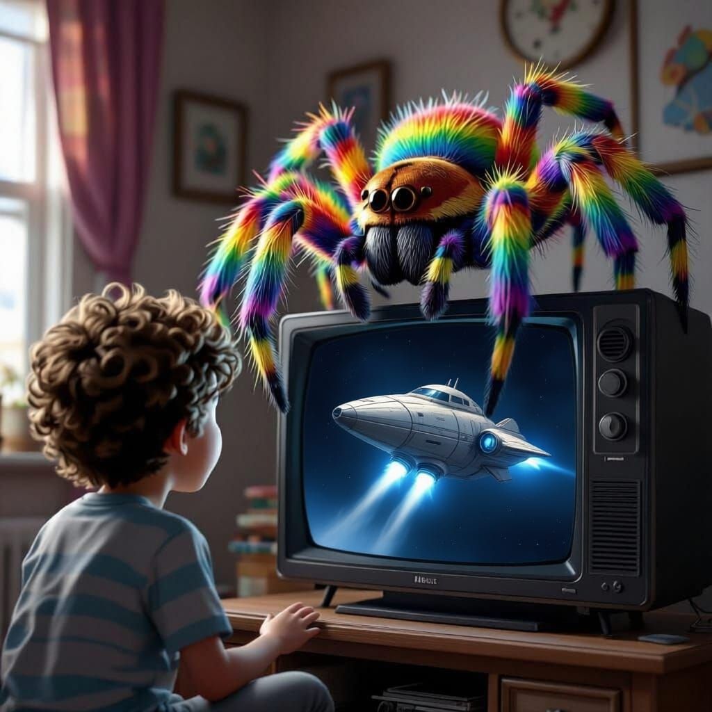 Boy Horrified by Giant Rainbow Spider on TV