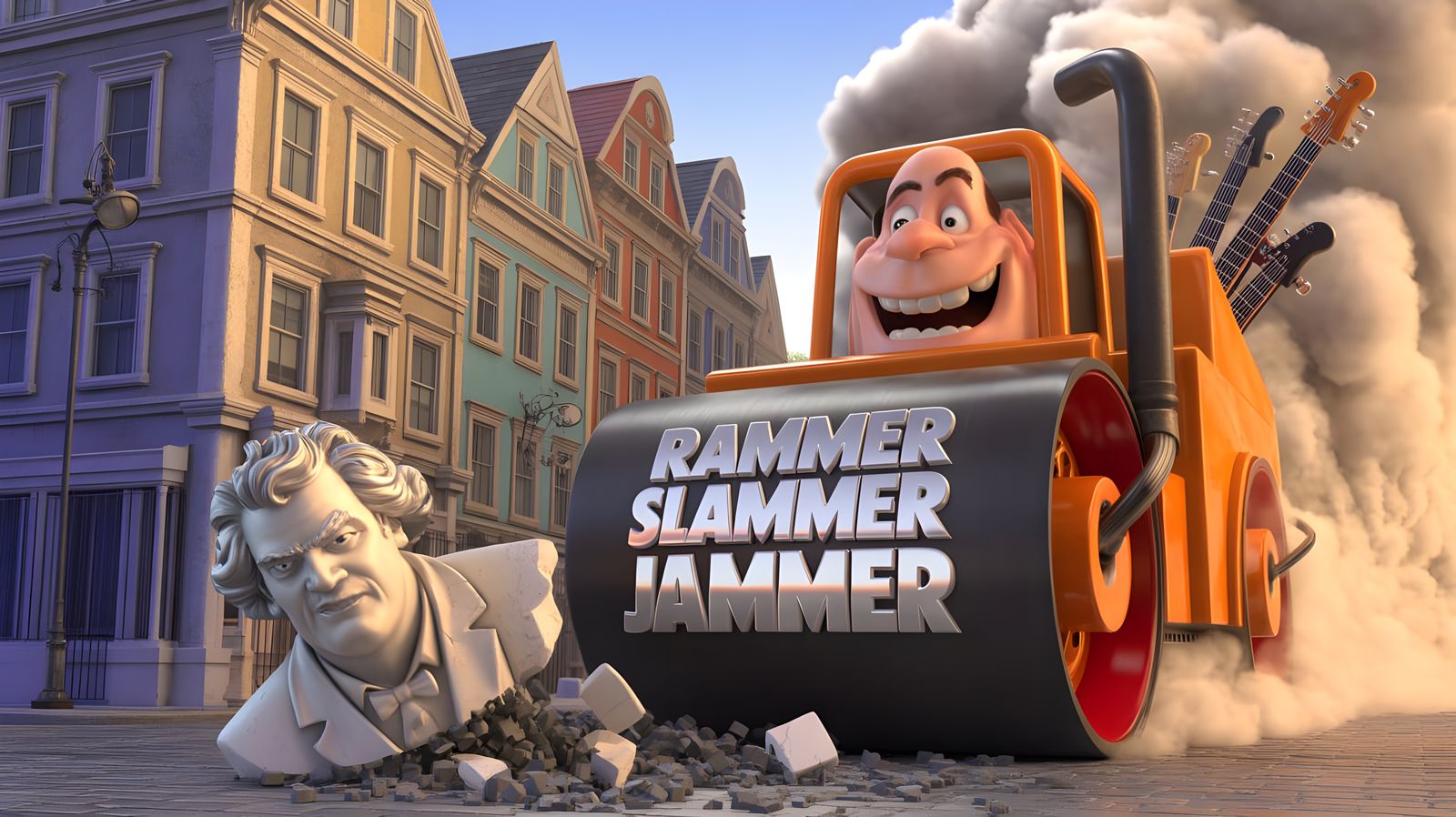 Cartoon Steamroller Crushes Beethoven Bust in Pixar Style