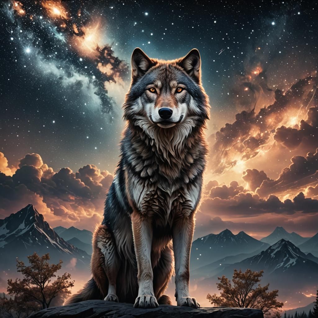 Majestic Star Wolf in Night Sky