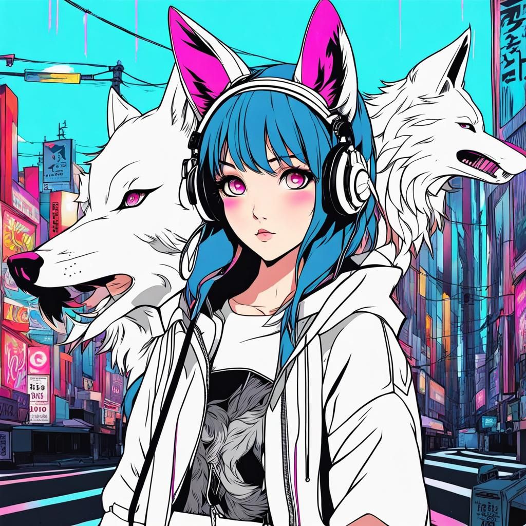 Anime Wolf Girl in Glitchcore Street Art Style