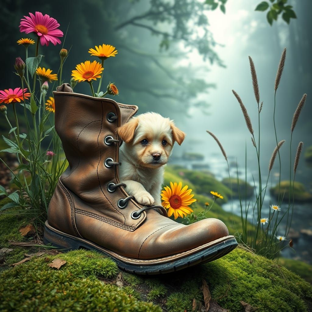 Puppy's Riverbank Hideaway: Romantic Oil Painting