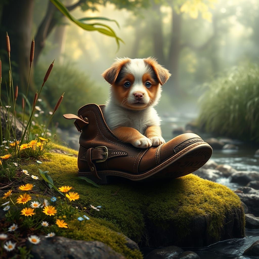 Puppy's Enchanted Boot: A Romantic Era Painting