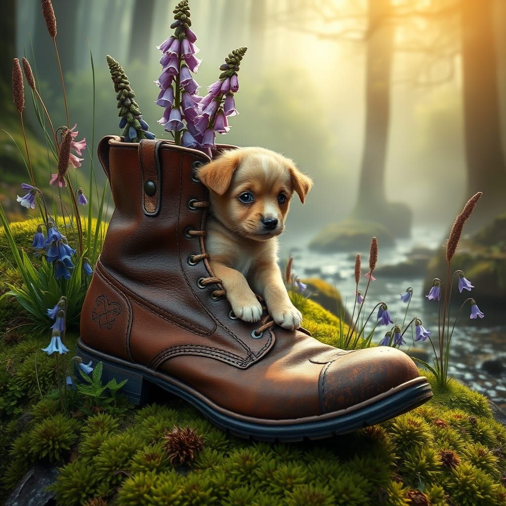 Puppy in Earth-Toned Boot on Mossy Riverbank