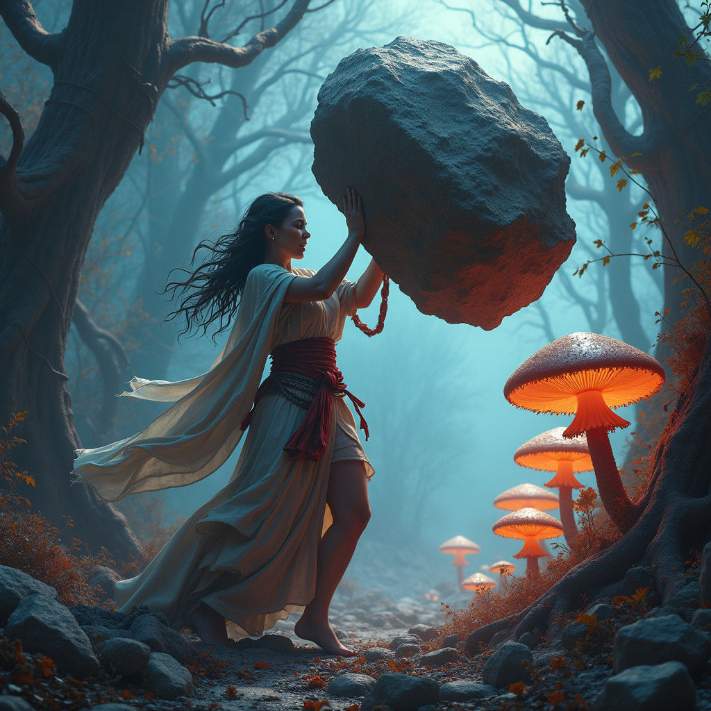 Woman Warrior Crushing Artifact in Alien Landscape