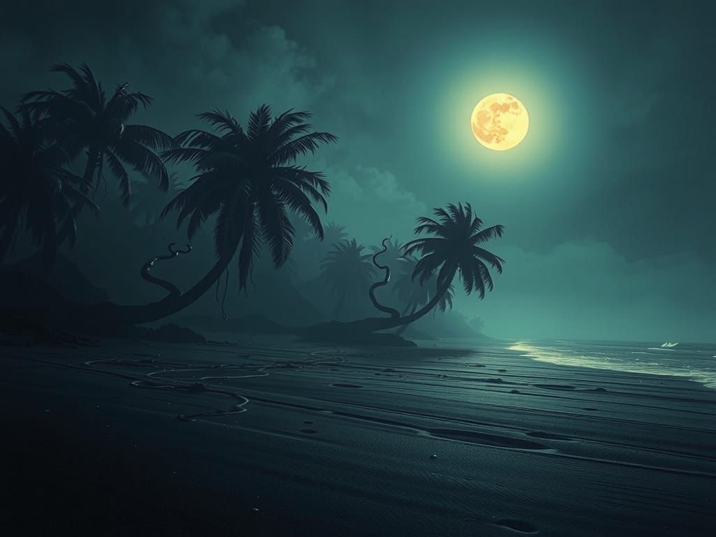 Dark Fantasy Midnight Beach with Bioluminescent Palms