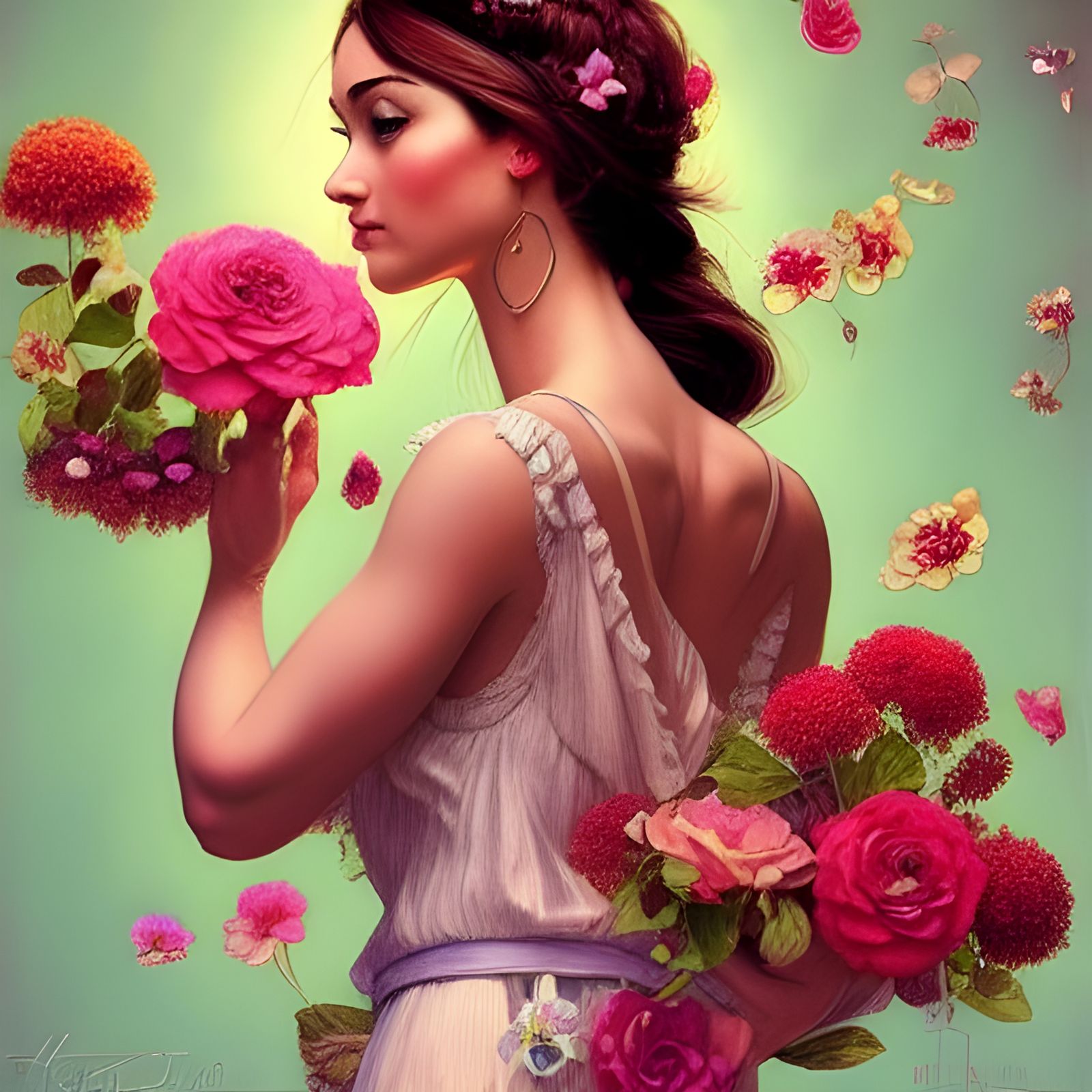 Beautiful Woman Dancing with Flowers and Jewels