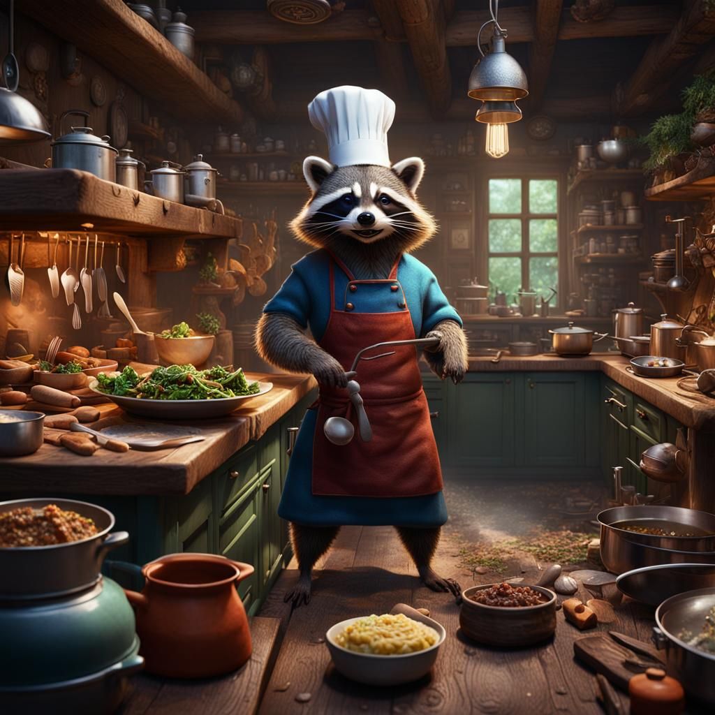 Raccoon Chef Prepares Gourmet Meal in Woodland Kitchen