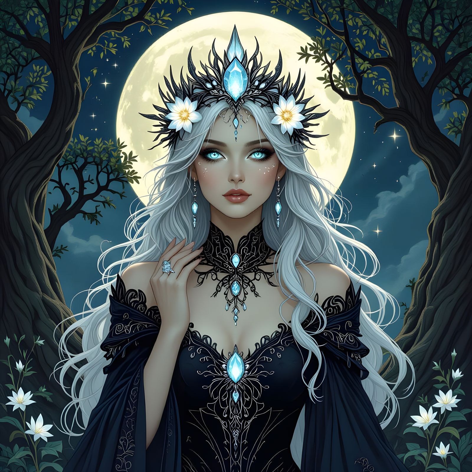 Lunar Sorceress in Moonlit Grove, Gothic Art Style