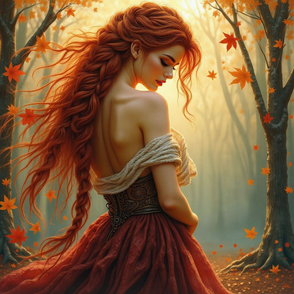 Norse Sun Goddess Amidst Falling Autumn Leaves