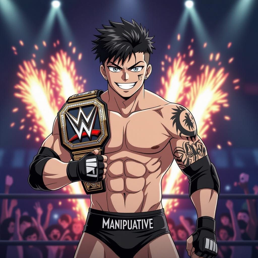 Anime Wrestler with WWE Belt and Pyro Display