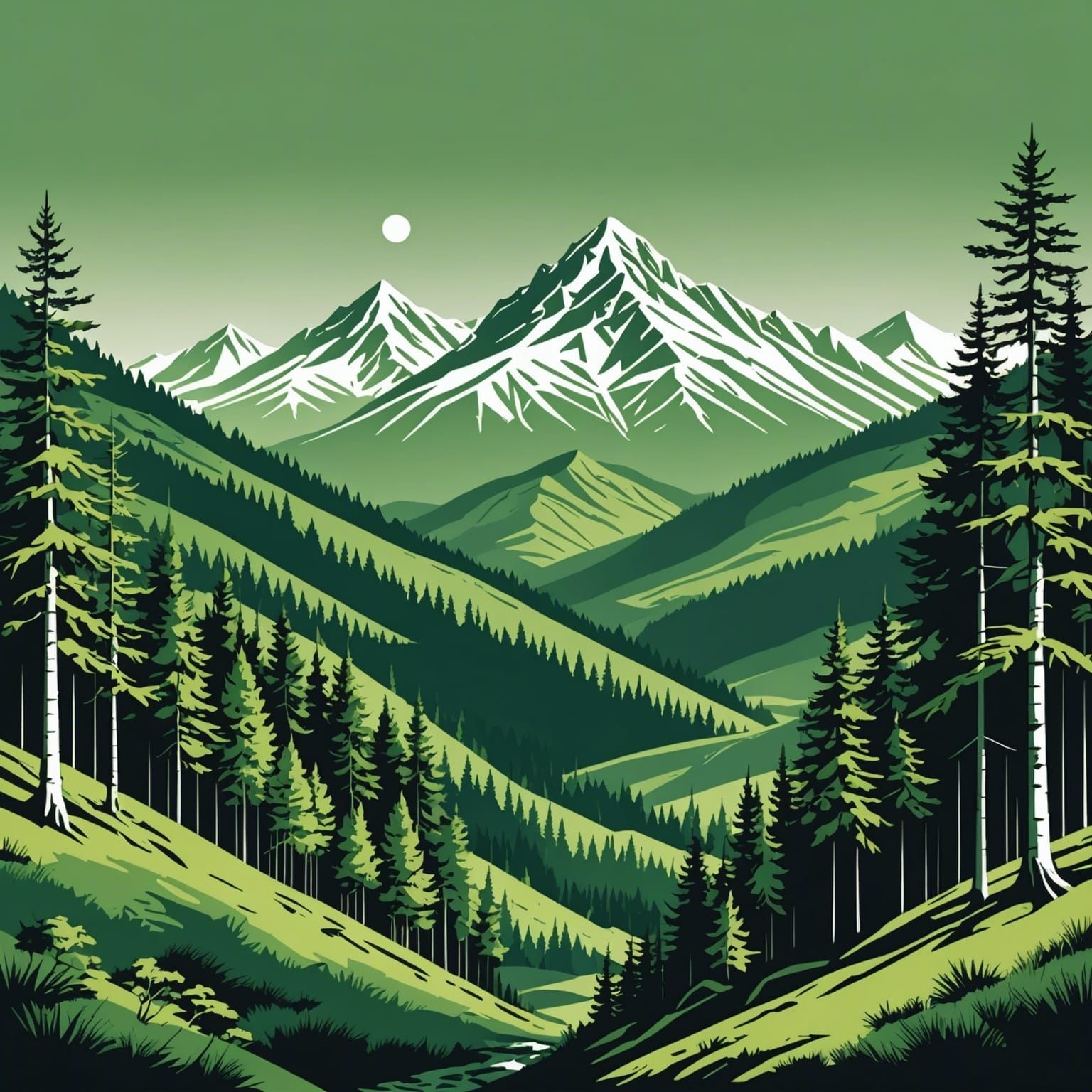 Green and White Mountain Forest in Vector Art