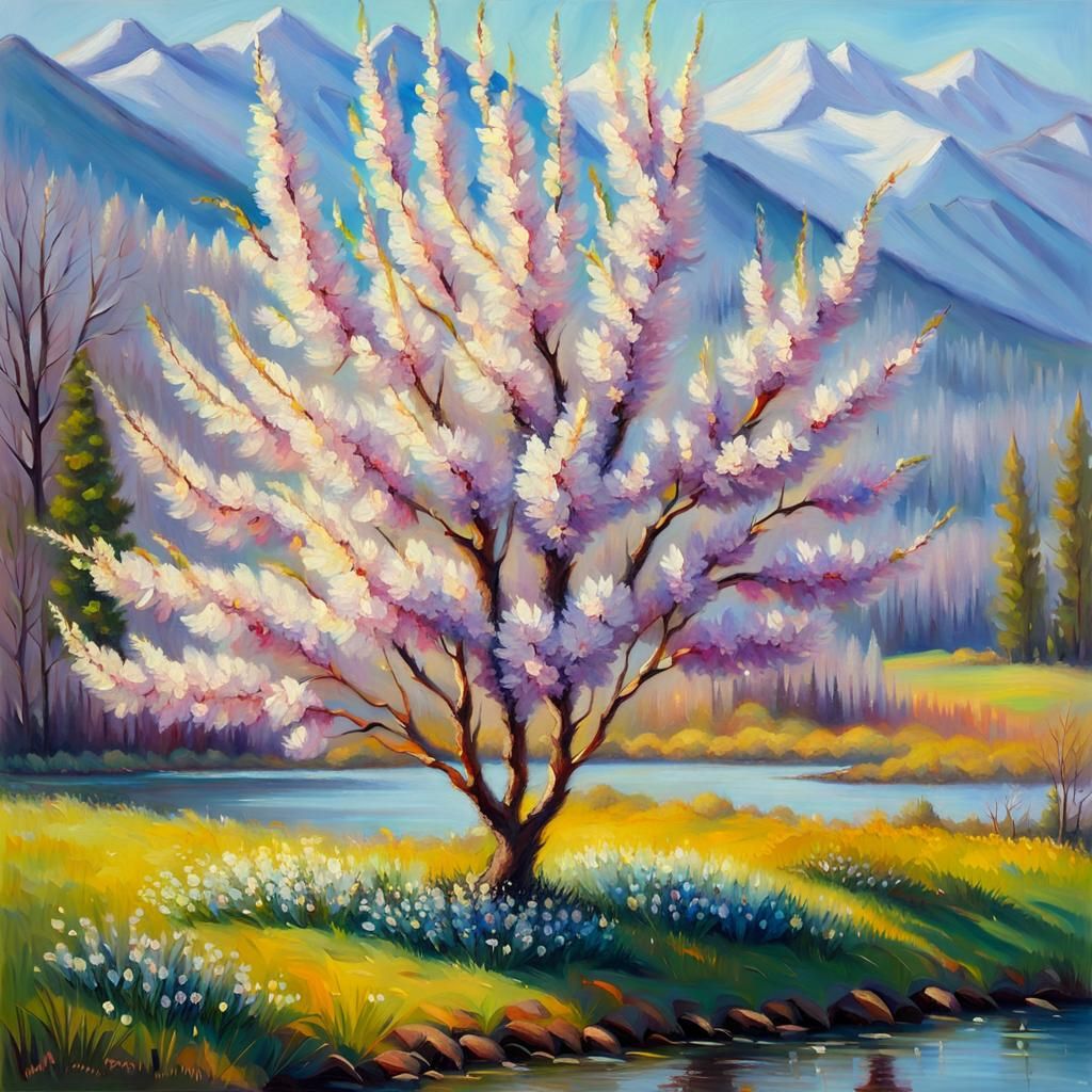 Blooming Pussywillow Tree in Impressionistic Oil Painting