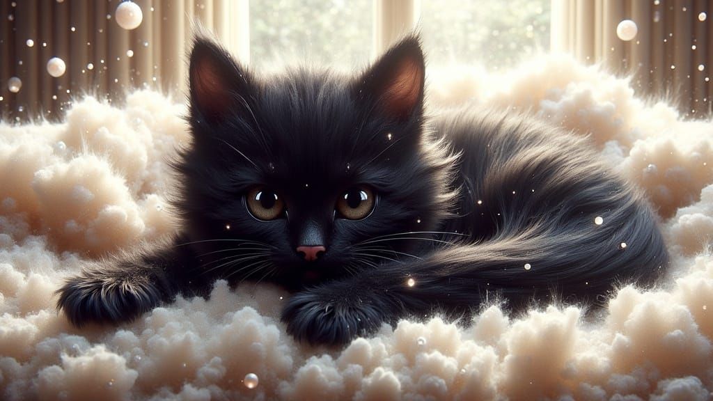 Whimsical Black Kitten in Japanese-Inspired Dreamland