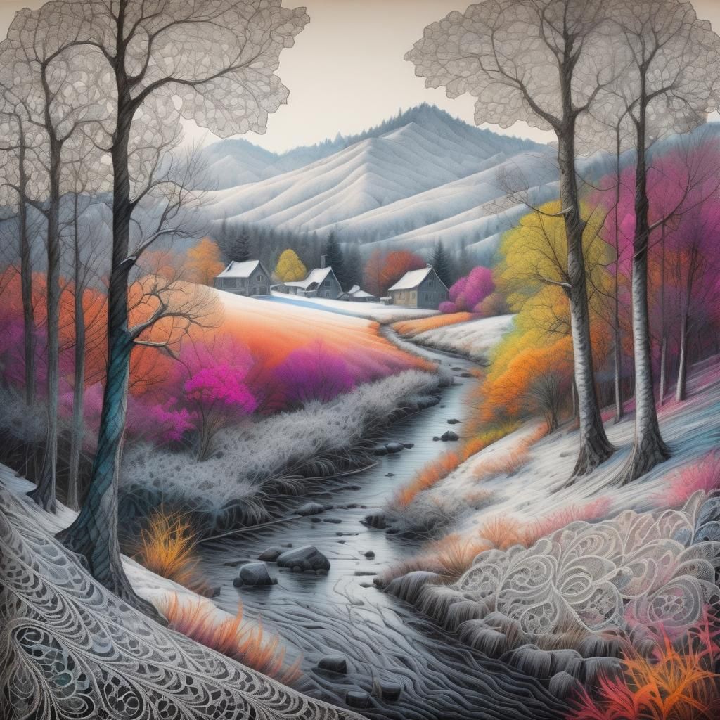 Detailed Winter Landscape in Charcoal Drawing Style