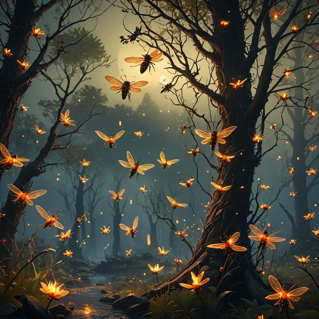 Enchanted Fireflies in a Fantastical Landscape
