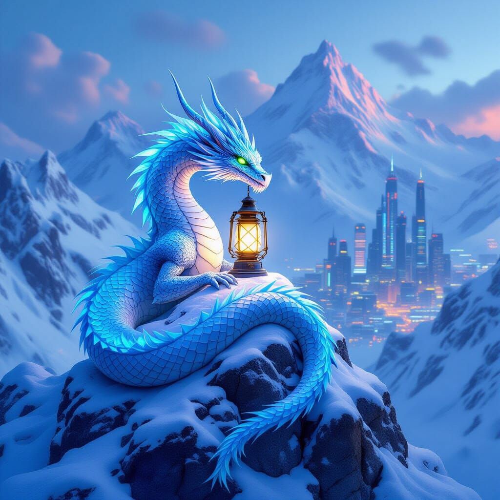 Ice Dragon Guardian Over Cyberpunk Cityscape
