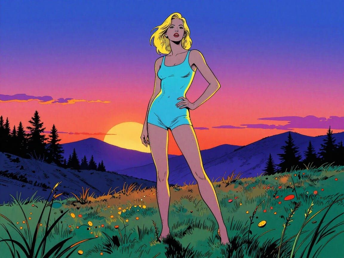 Blond Woman in Alpine Meadow at Sunset, Comic Style