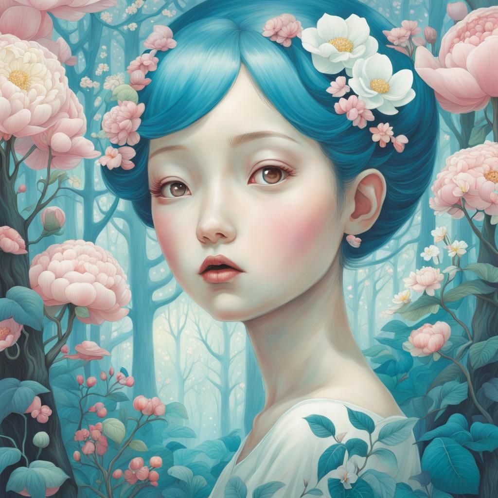 Blooming Blue Forest in Surrealist Illustration Style