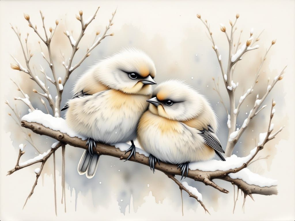 Watercolor Birds Huddled in Snowy Winter Landscape