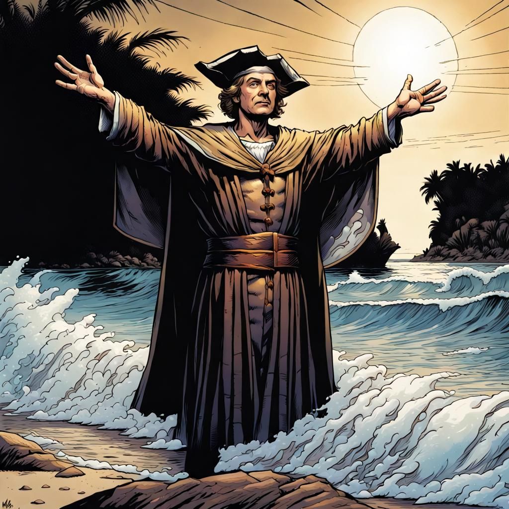 Christopher Columbus with raised hands on a seashore, Mark Brooks and Dan Mumford, comic book art, perfect, smooth