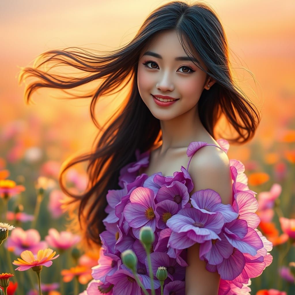 Radiant Woman in Poppy Dress Amidst Wildflowers at Dawn
